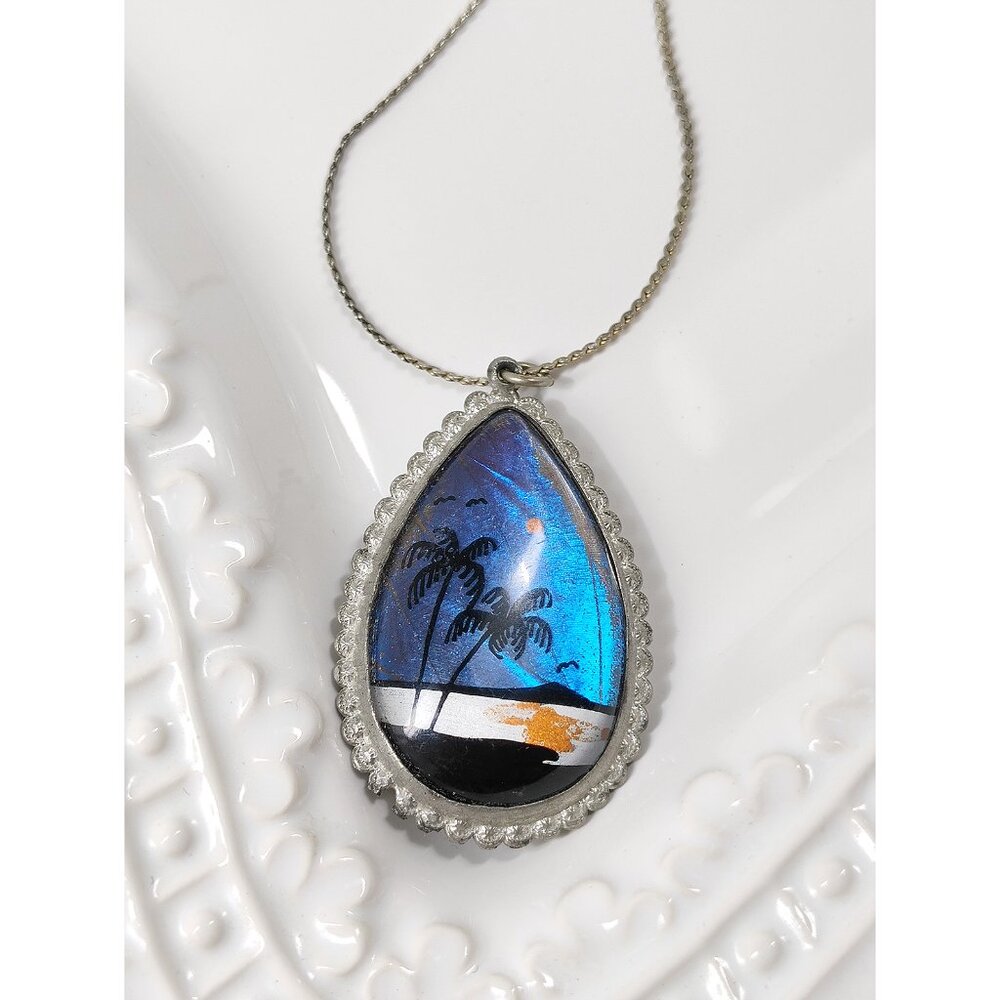 Vintage Morpho Butterfly Wing Pendant Necklace Painted Forest Palm Tree Blue - Picture 9 of 11